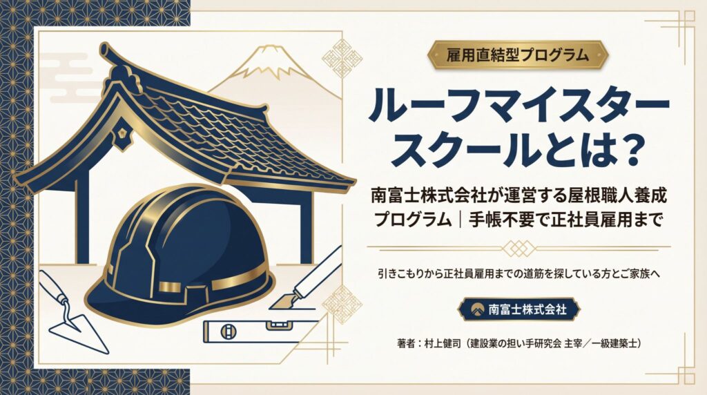 日本家屋の瓦屋根と、ルーフマイスタースクールで学ぶ若手研修生のイラスト